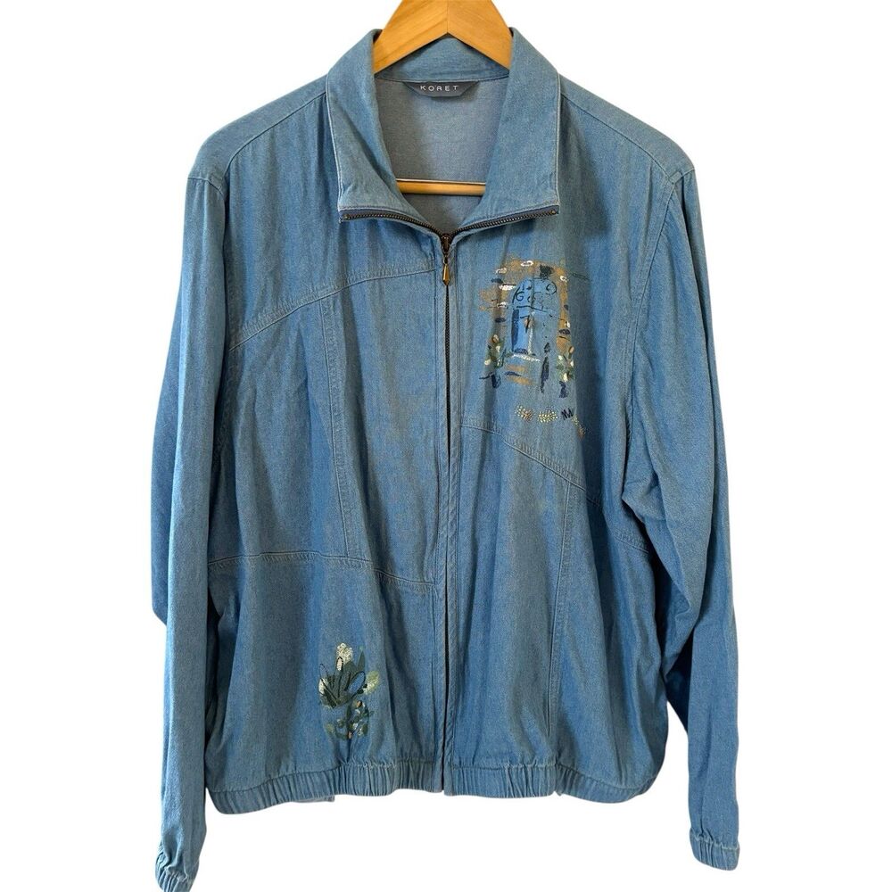 Vintage Artistic Jean‎ Jacket L Blue City Retro Bohemian Fall Teacher Beaded 90s